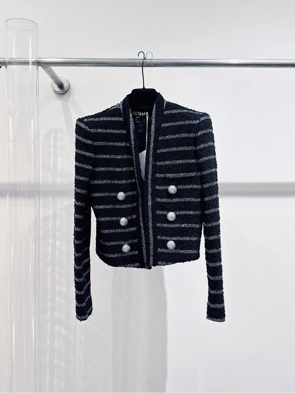 Balmain Black and Gray Striped Tweed Cropped Blazer